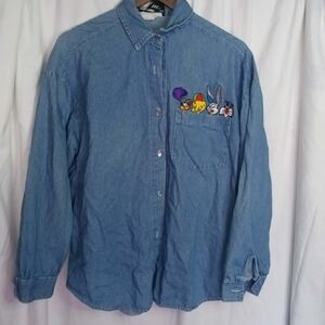 VINTAGE WB Blue Denim Button-Down Shirt Looney Tunes Embroidery XL Retro Classic